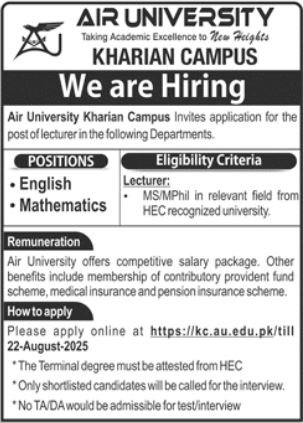 Air University Kharian Jobs 2025 – Air University Multan Campus Jobs 2025 — original advertisement