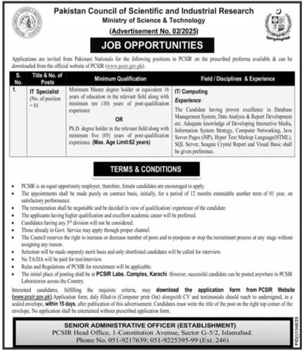 Pakistan Council Of Scientific And Industrial Research Job Jobs 2025 — original advertisement