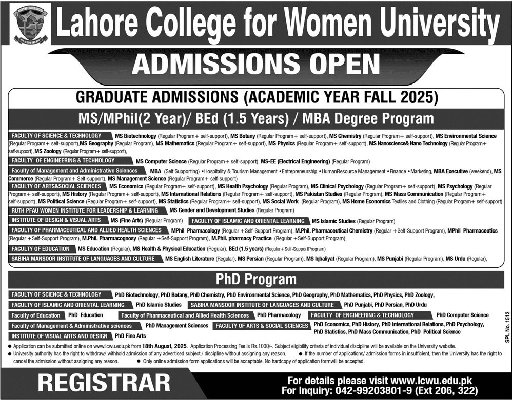 Admission Open in Lahore College for Women University 2025 – Lahore College for Women University Lahore Admissions 2025 — original advertisement