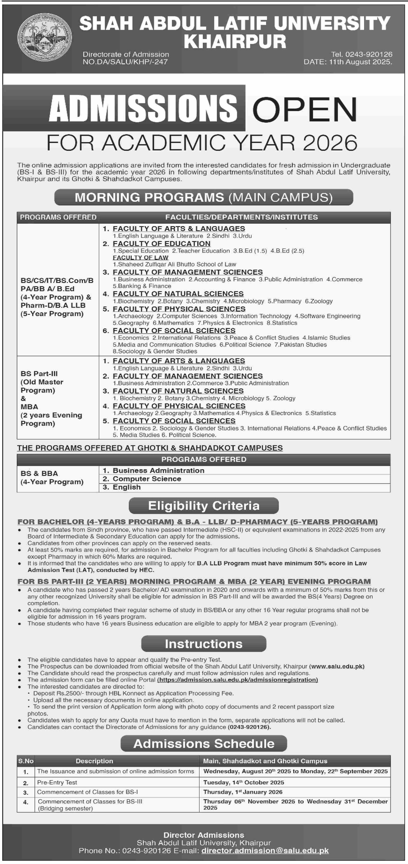 Admission Open in Shah Abdul Latif University Khairpur 2025 Admissions 2025 — original advertisement