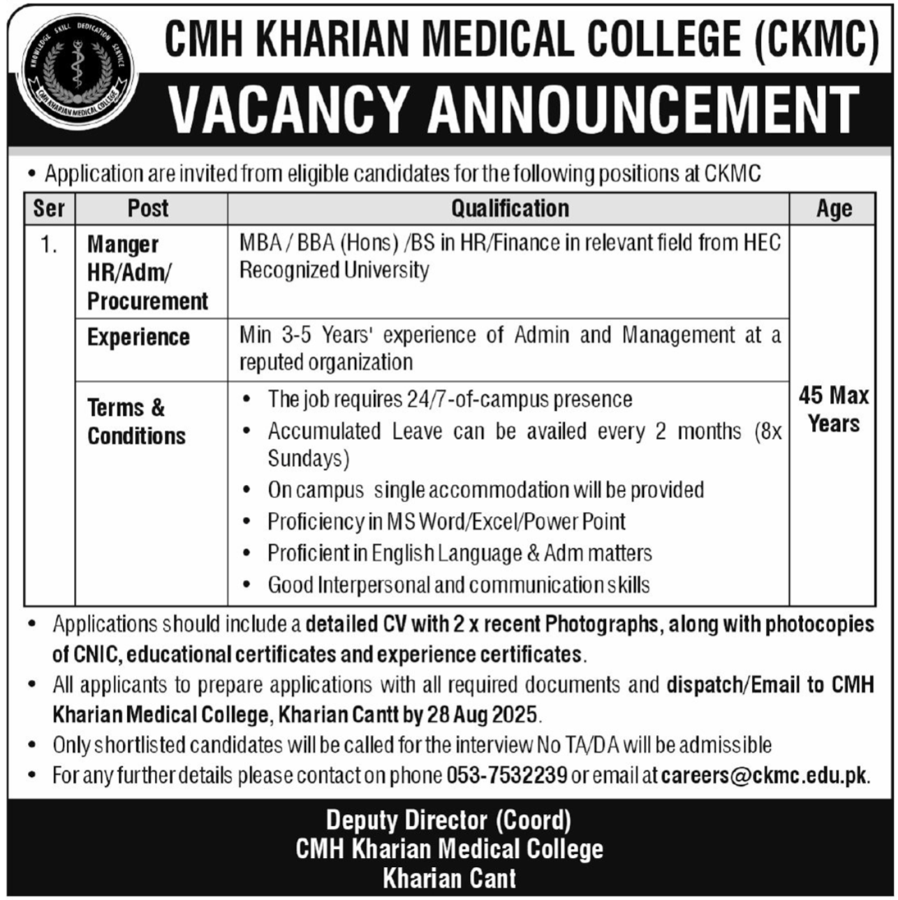 CMH Kharian Medical College CKMC Jobs 2025 – Combined Military Hospital CMH Jobs 2025 — original advertisement