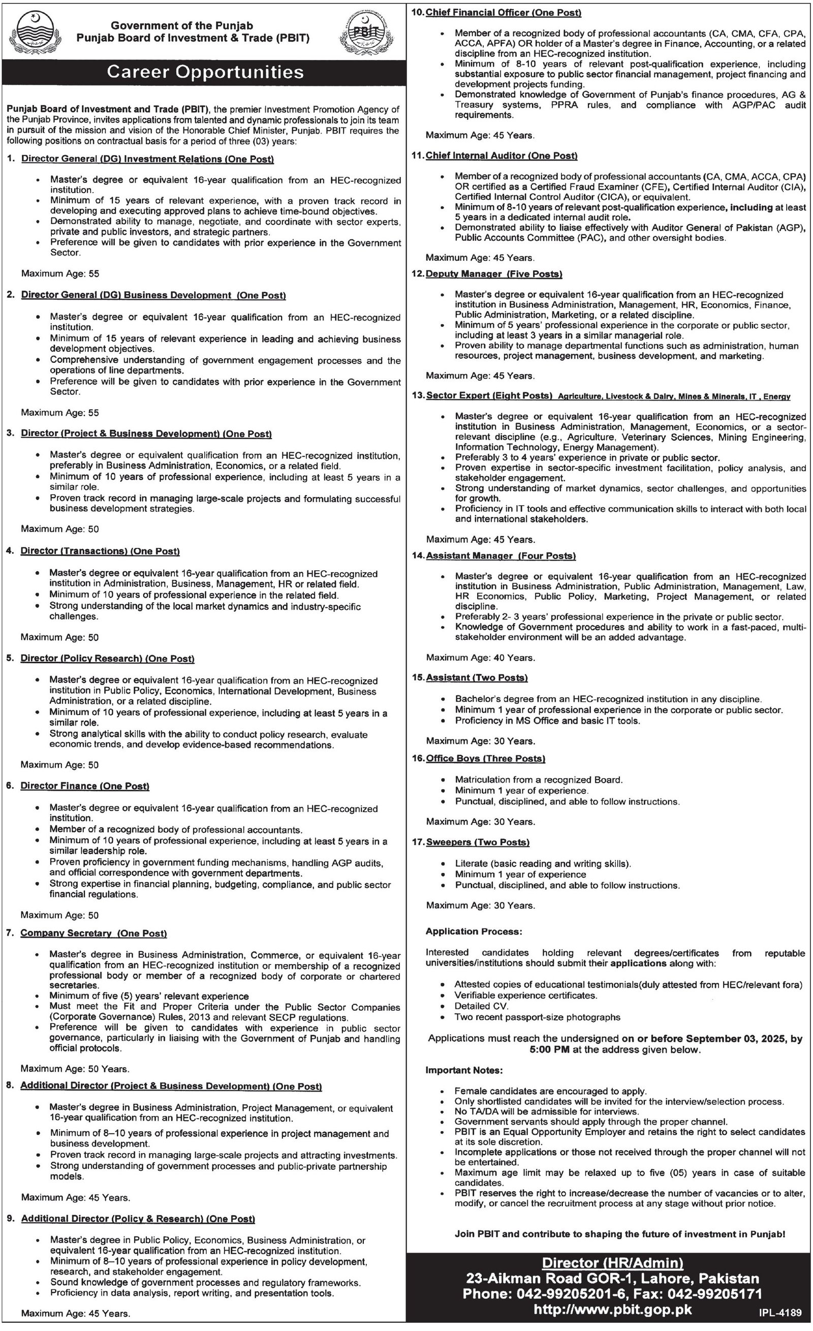 Punjab Board Of Investment & Trade PBIT Lahore Jobs 2025 – Punjab Boards Committee Of Chairpersons Jobs 2025 — original advertisement