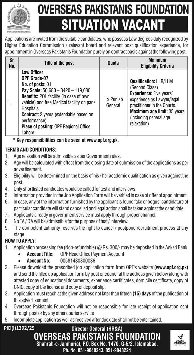 Overseas Pakistanis Foundation OPF Islamabad Jobs 2025 – Overseas Pakistanis Foundation Islamabad Jobs 2025 — original advertisement