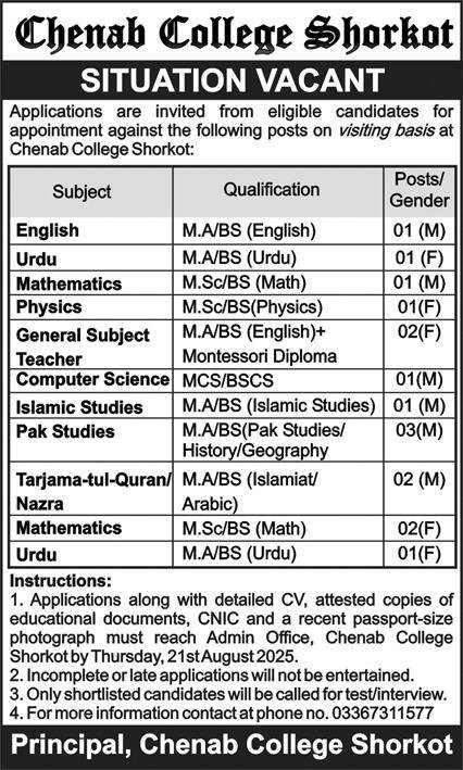 Chenab College Shorkot Visiting Faculty Jobs 2025 – Chenab College Jhang Jobs 2025 — original advertisement