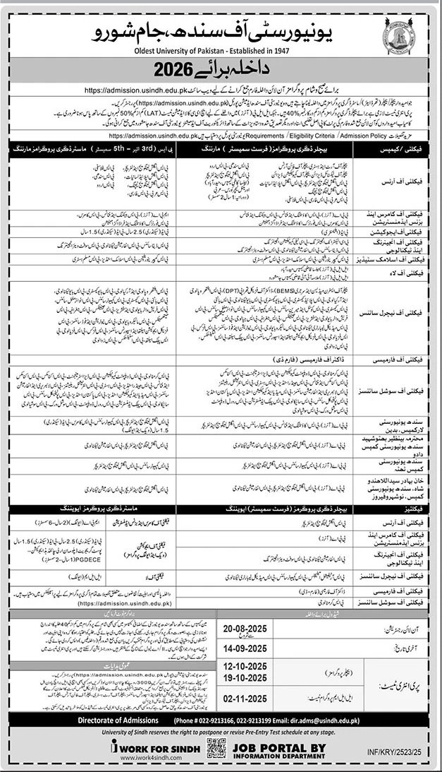 Admission Open in University of Jamshoro Sindh 2025 – University of Sindh Jamshoro Admissions 2025 — original advertisement
