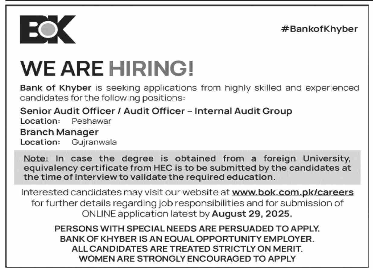 The Bank Of Khyber BOK Jobs 2025 For Senior Audit Officer Jobs 2025 — original advertisement
