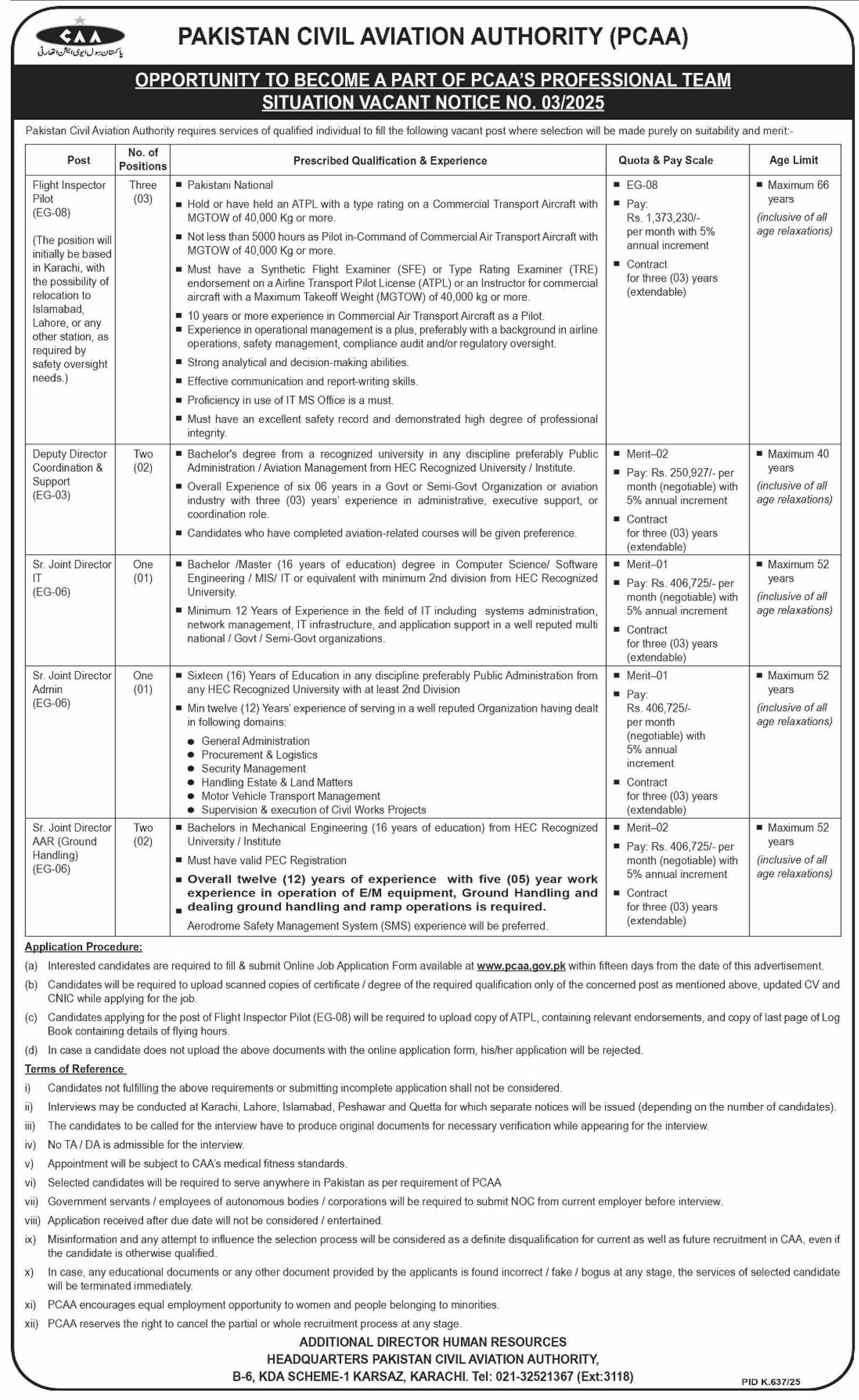 Pakistan Civil Aviation Authority CAA Karachi Jobs 2025 – Pakistan Civil Aviation Authority (CAA) Jobs 2025 — original advertisement