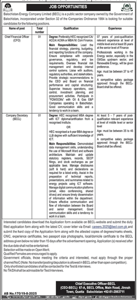 Balochistan Energy Company Limited BECL Quetta Jobs 2025 – Balochistan Energy Company Limted BECL Jobs 2025 — original advertisement