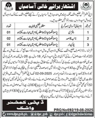 Deputy Commissioner DC Washuk Jobs 2025 – Revenue Department Balochistan Jobs 2025 — original advertisement