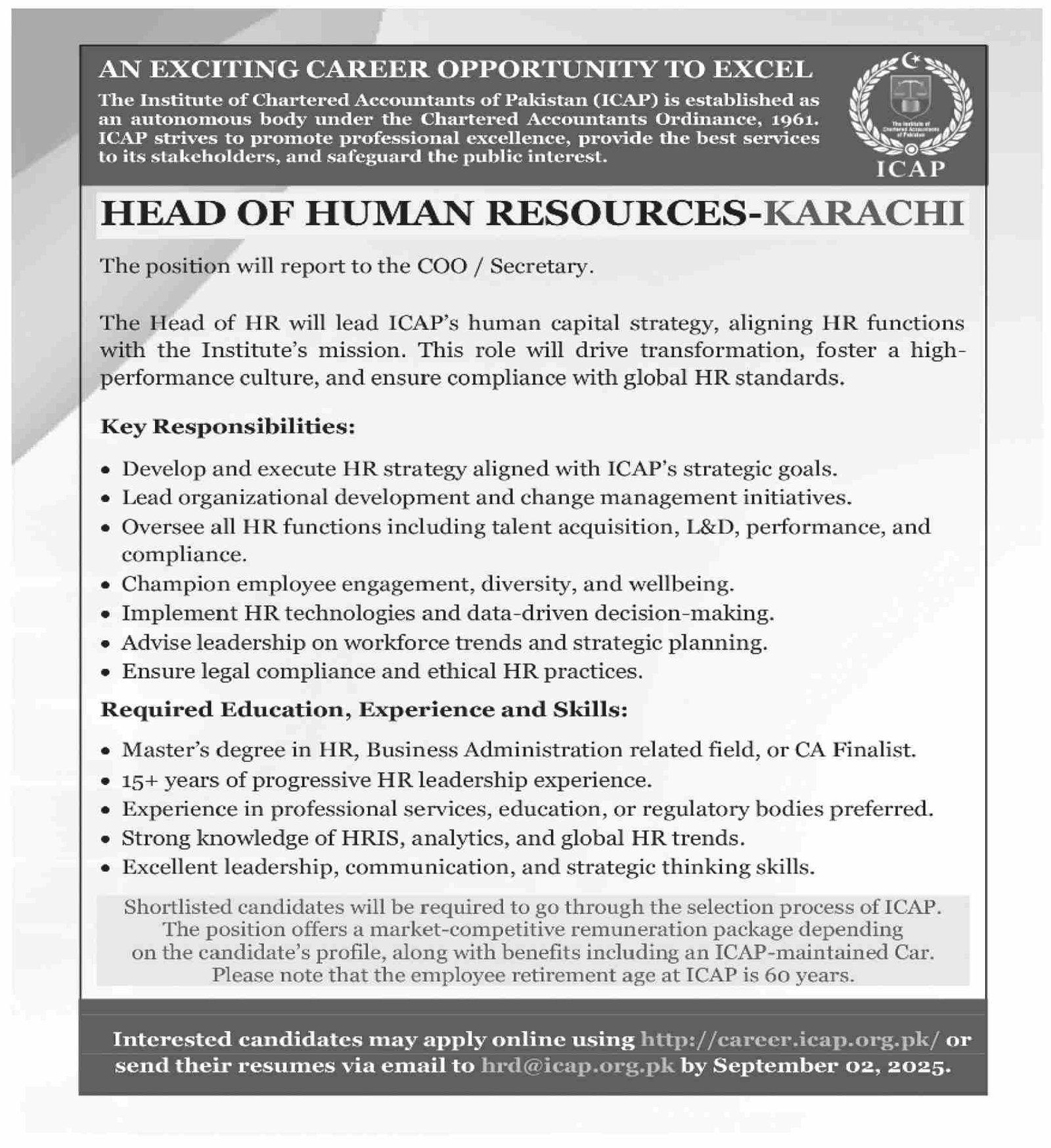 Institute Of Chartered Accountants Of Pakistan ICAP Job 2025 – Public Sector Organization Jobs 2025 — original advertisement