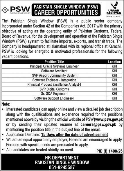 Pakistan Single Window Psw Jobs 2025 Jobs 2025 — original advertisement