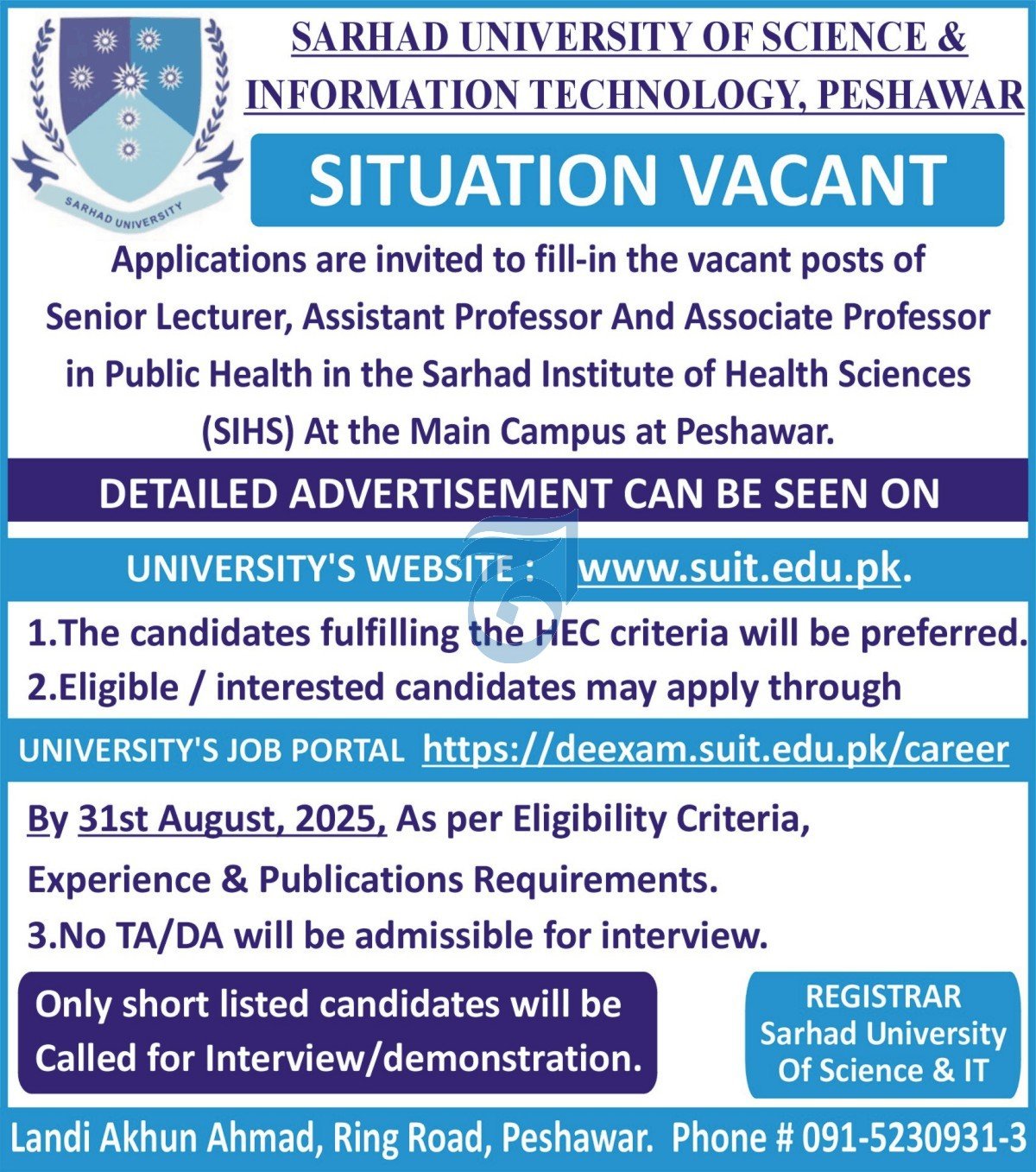 Sarhad University of Science And Information Technology Jobs – Sarhad University of Science and Information Technology Peshawar Jobs 2025 — original advertisement