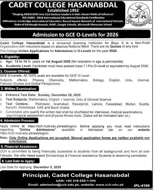Admission Open in Cadet College Hasanabdal 2025 – Cadet College Hasan Abdal Admissions 2025 — original advertisement