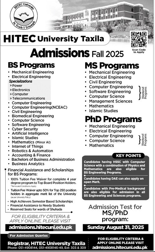 Admission Open in Hitech University Taxila 2025 – HITEC University Taxila Admissions 2025 — original advertisement