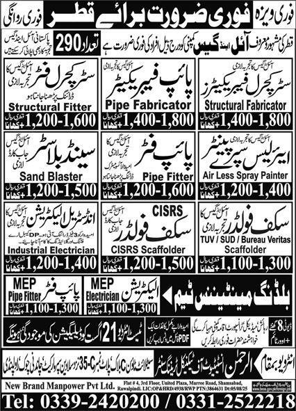 Sand Blaster & MEP Electrician Jobs 2025 In Qatar – New Brand Manpower Jobs 2025 — original advertisement