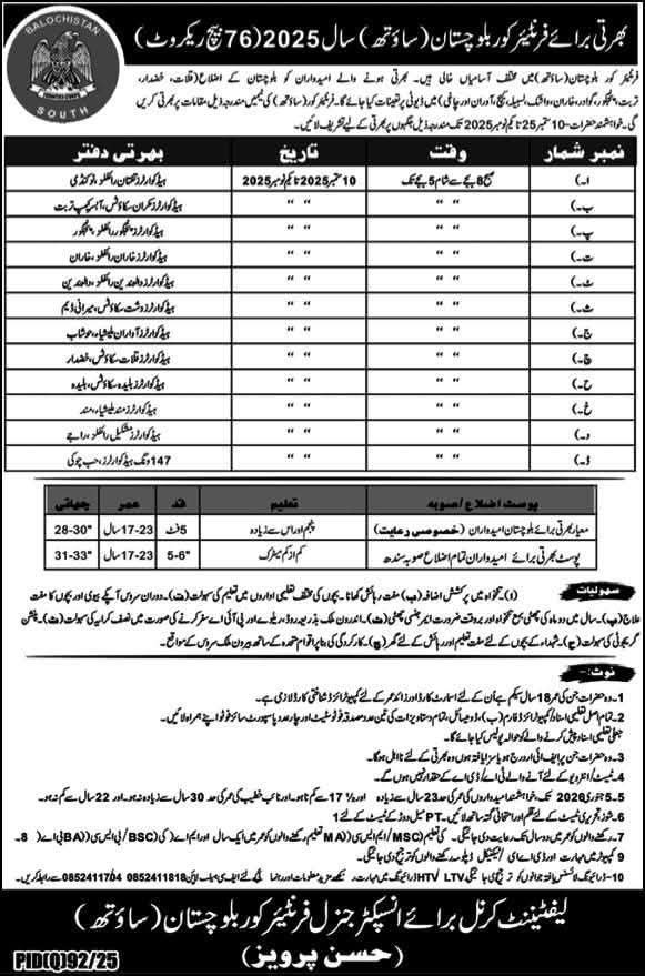 Frontier Crops South Balochistan Jobs 2025 – Frontier Corps (South) Balochistan Jobs 2025 — original advertisement