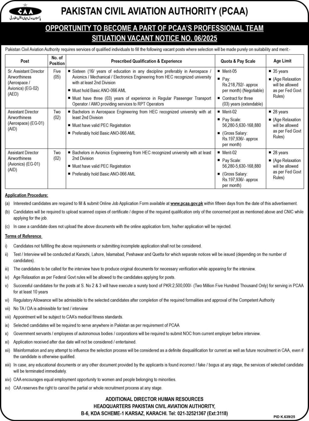 Pakistan Civil Aviation Authority Karachi Jobs 2025 – Pakistan Civil Aviation Authority (CAA) Jobs 2025 — original advertisement