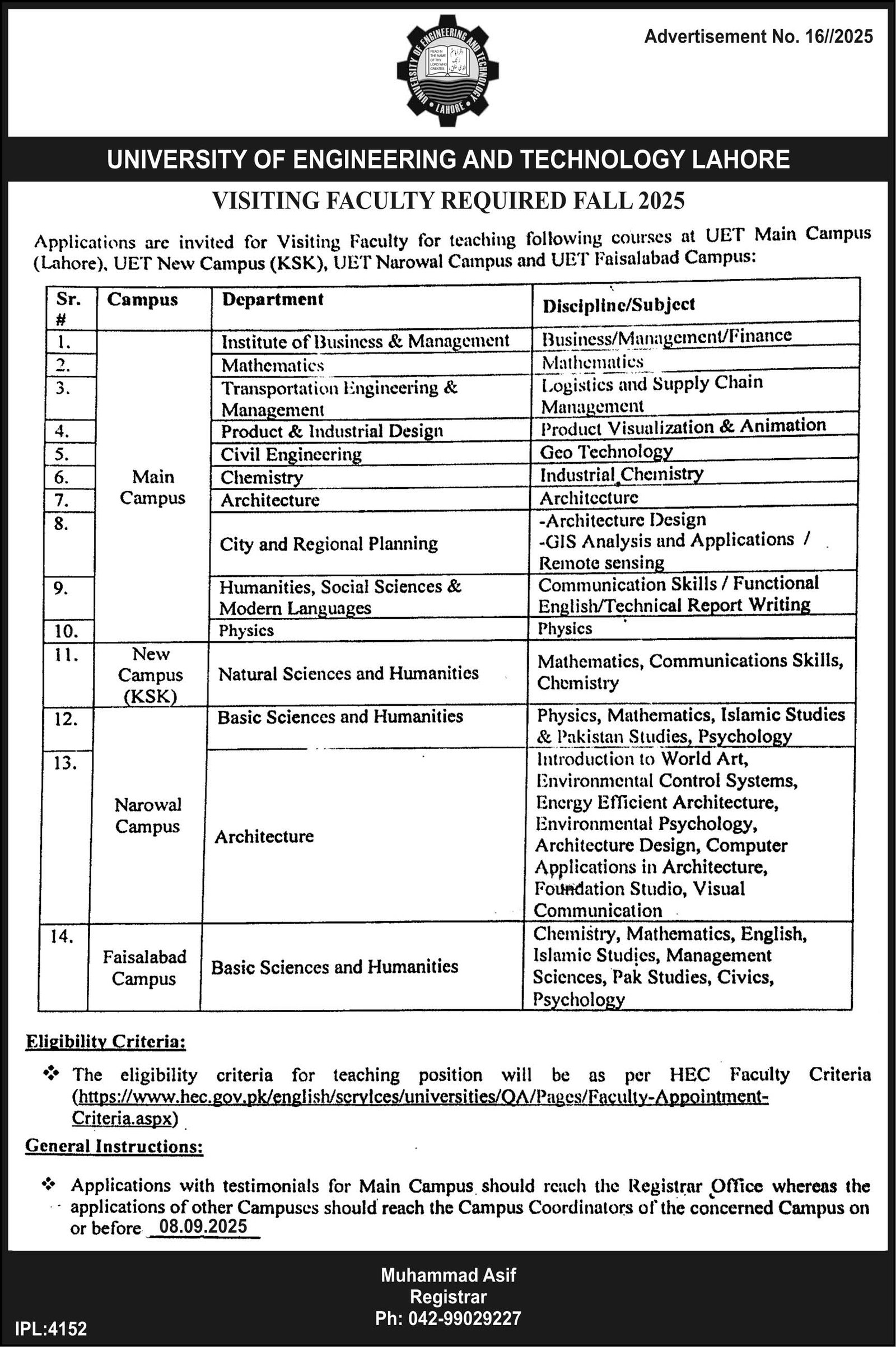 University Of Engineering And Technology UET Lahore Jobs – University of Engineering  & Technology Lahore Jobs 2025 — original advertisement