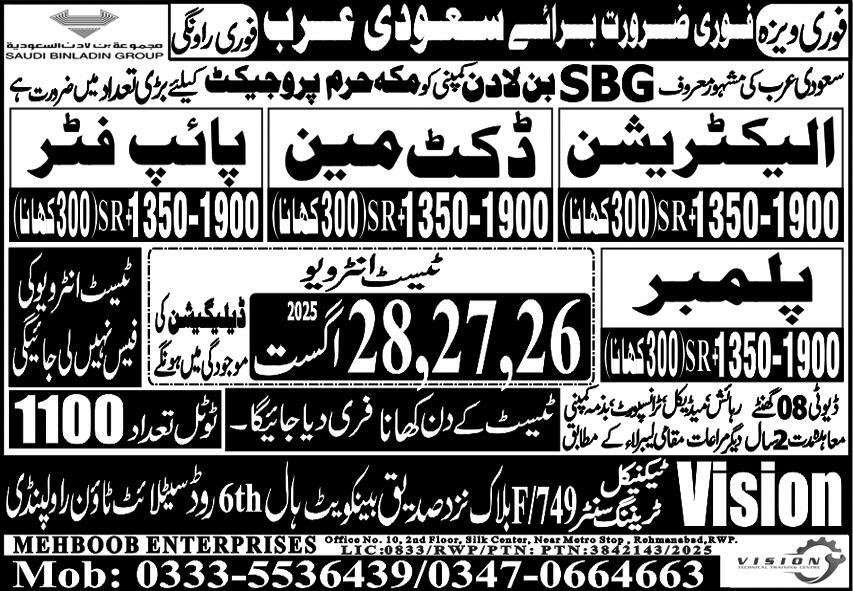 Duct Man & Electrician Jobs 2025 In Saudi Arabia – Mehboob Enterprises Overseas Employment Promoters Jobs 2025 — original advertisement