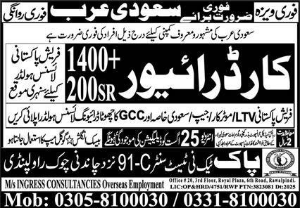 Car Driver & Driver Jobs 2025 In Saudi Arabia – Pak Techni Test Center Jobs 2025 — original advertisement