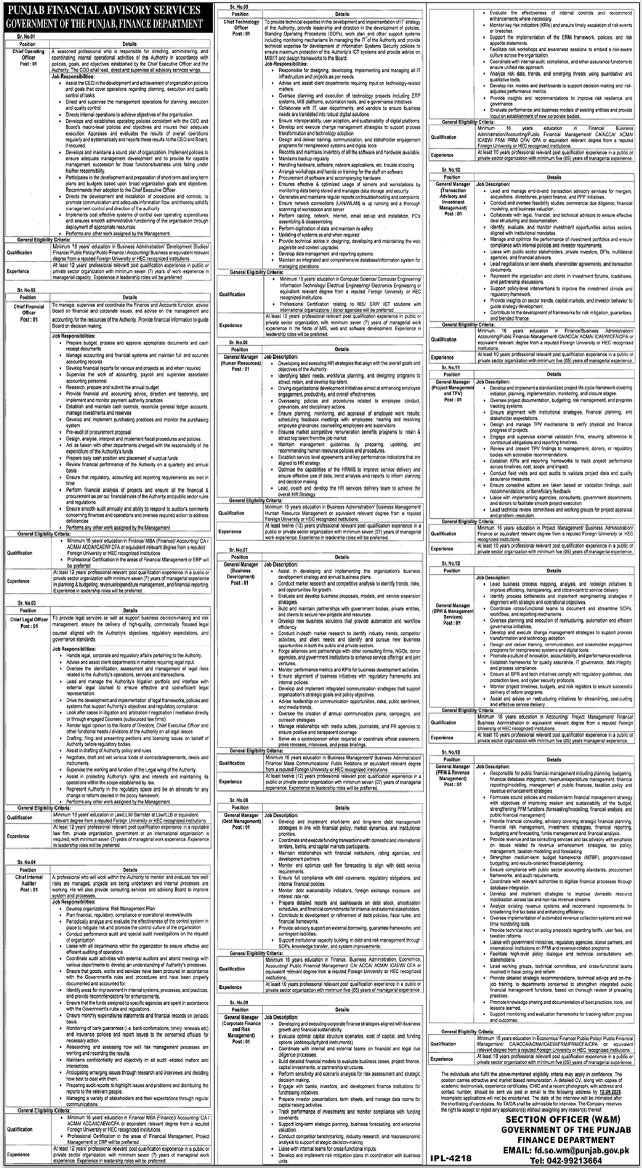 Finance Department Lahore Jobs 2025 – Finance Department Punjab Jobs 2025 — original advertisement