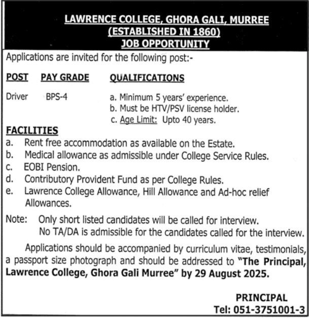 Lawrence College Ghora Gali Murree Job 2025 Jobs 2025 — original advertisement