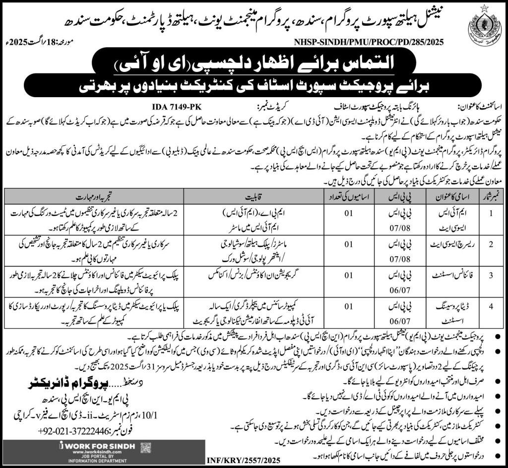National Health Support Program NHSP Sindh Jobs 2025 – Health Department Sindh Jobs 2025 — original advertisement