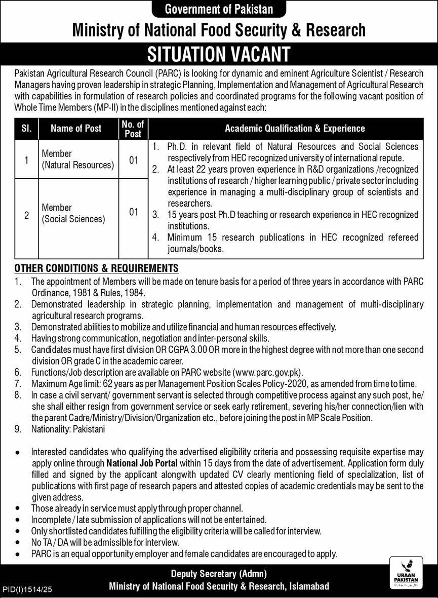 Pakistan Agricultural Research Council PARC Jobs 2025 – Pakistan Agricultural Research Council Islamabad Jobs 2025 — original advertisement