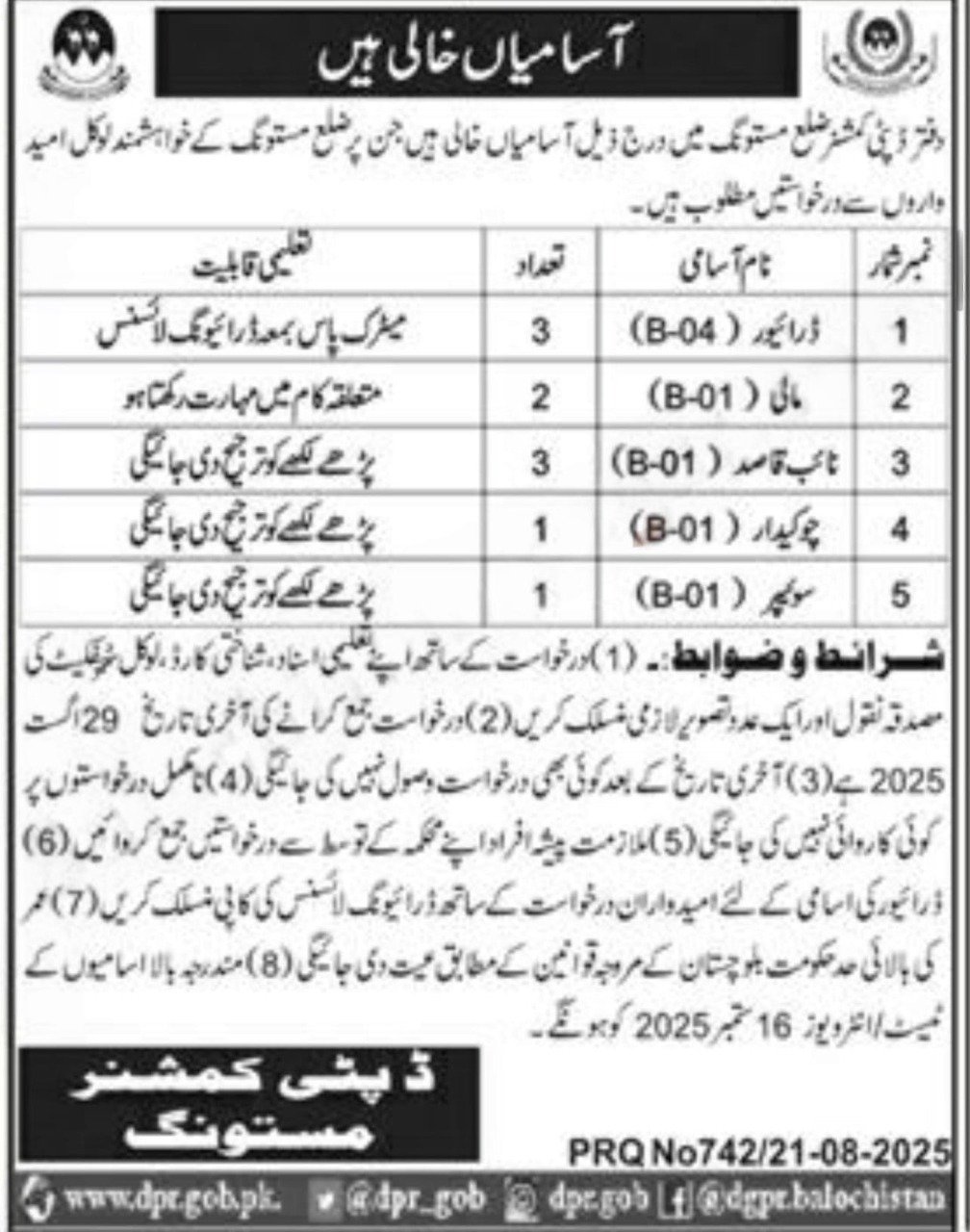 Deputy Commissioner DC Office Revenue Mastung Jobs 2025 – Revenue Department Balochistan Jobs 2025 — original advertisement
