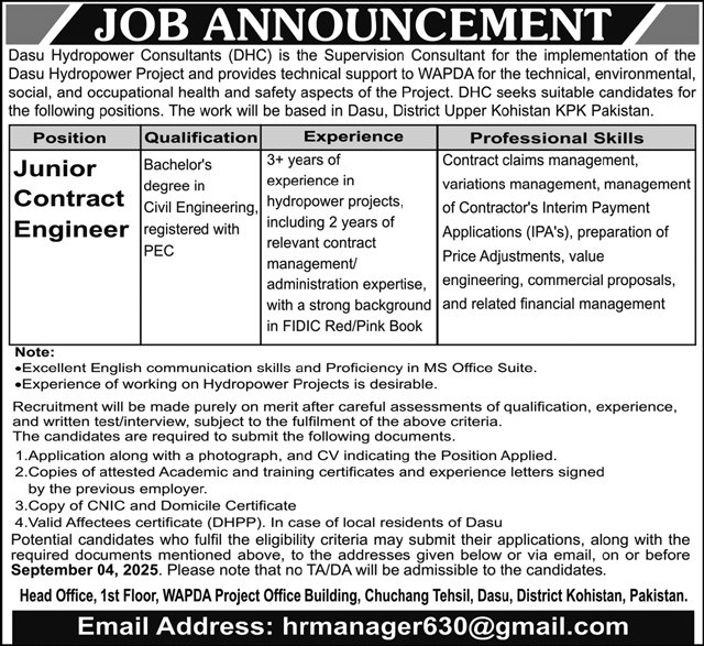 Dasu Hydropower Consultants Kohistan Job 2025 – Private Company Jobs 2025 — original advertisement