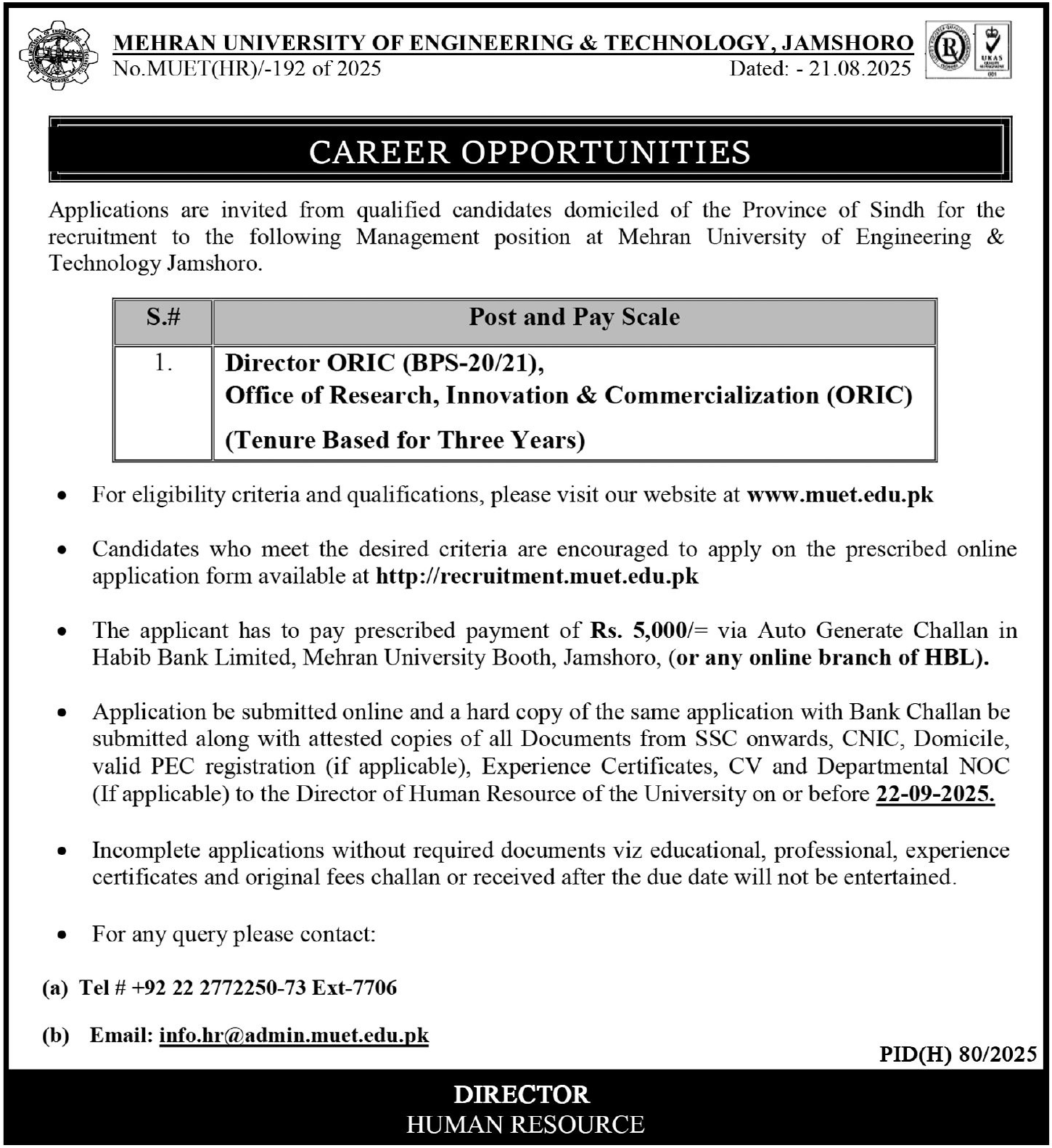 Mehran University Of Engineering & Technology MUET Jobs 2025 – Mehran University of Engineering & Technology Jamshoro Jobs 2025 — original advertisement