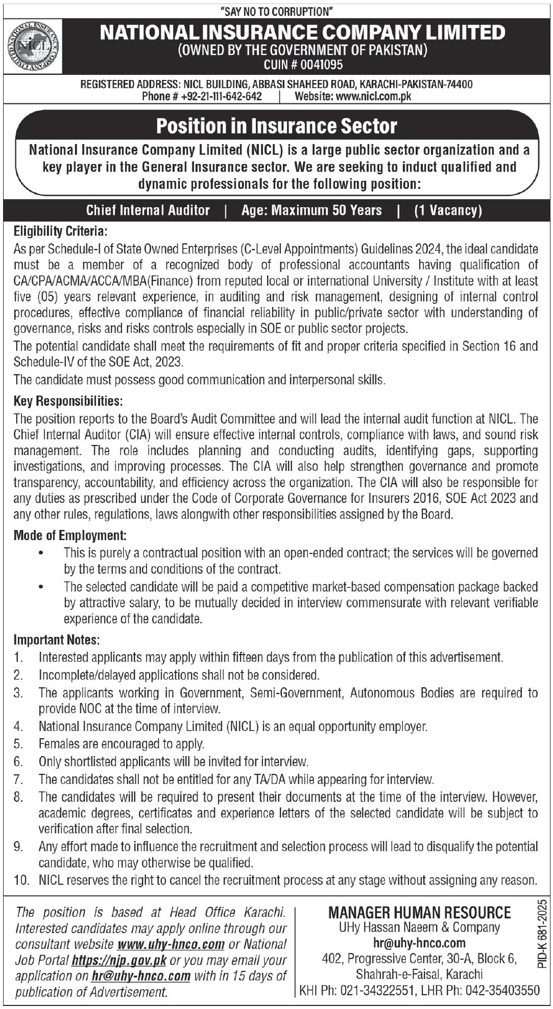 National Insurance Company Limited NICL Karachi Jobs 2025 Jobs 2025 — original advertisement