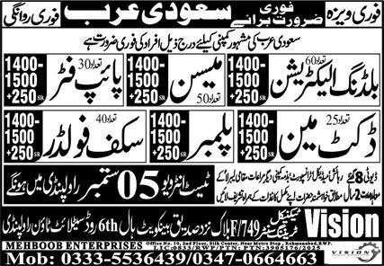 Scaffolder & Pipe Fitter Jobs 2025 In Saudi Arabia – Mehboob Enterprises Overseas Employment Promoters Jobs 2025 — original advertisement