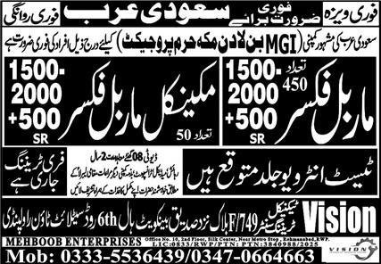 Marble Fixer & Mechanical Marble Fixer Jobs 2025 – Mehboob Enterprises Overseas Employment Promoters Jobs 2025 — original advertisement