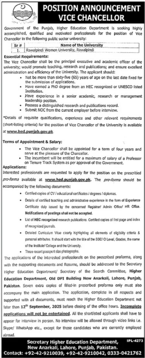Rawalpindi Women University RWU Jobs 2025 – Rawalpindi Women University Rawalpindi Jobs 2025 — original advertisement
