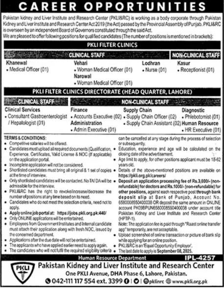 Pakistan Kidney And Liver Institute Jobs 2025 – Pakistan Kidney And Liver Institute (PKLI) And Research Centre Lahore Jobs 2025 — original advertisement