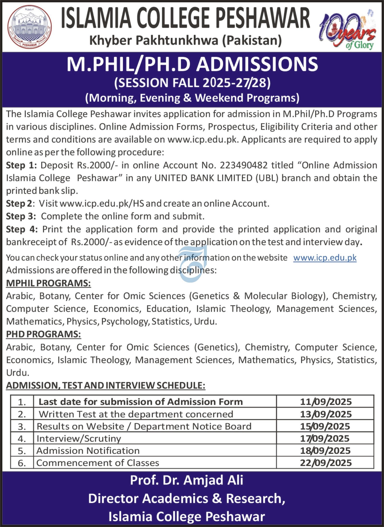 Admission Open  in Islamia College Peshawar 2025 – Islamia College University Peshawar Admissions 2025 — original advertisement