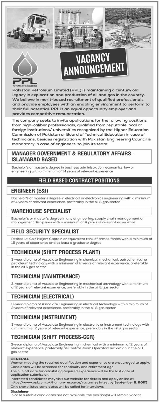 Pakistan Petroleum Limited PPL Jobs 2025 – Pakistan Petroleum Limited (PPL) Jobs 2025 — original advertisement