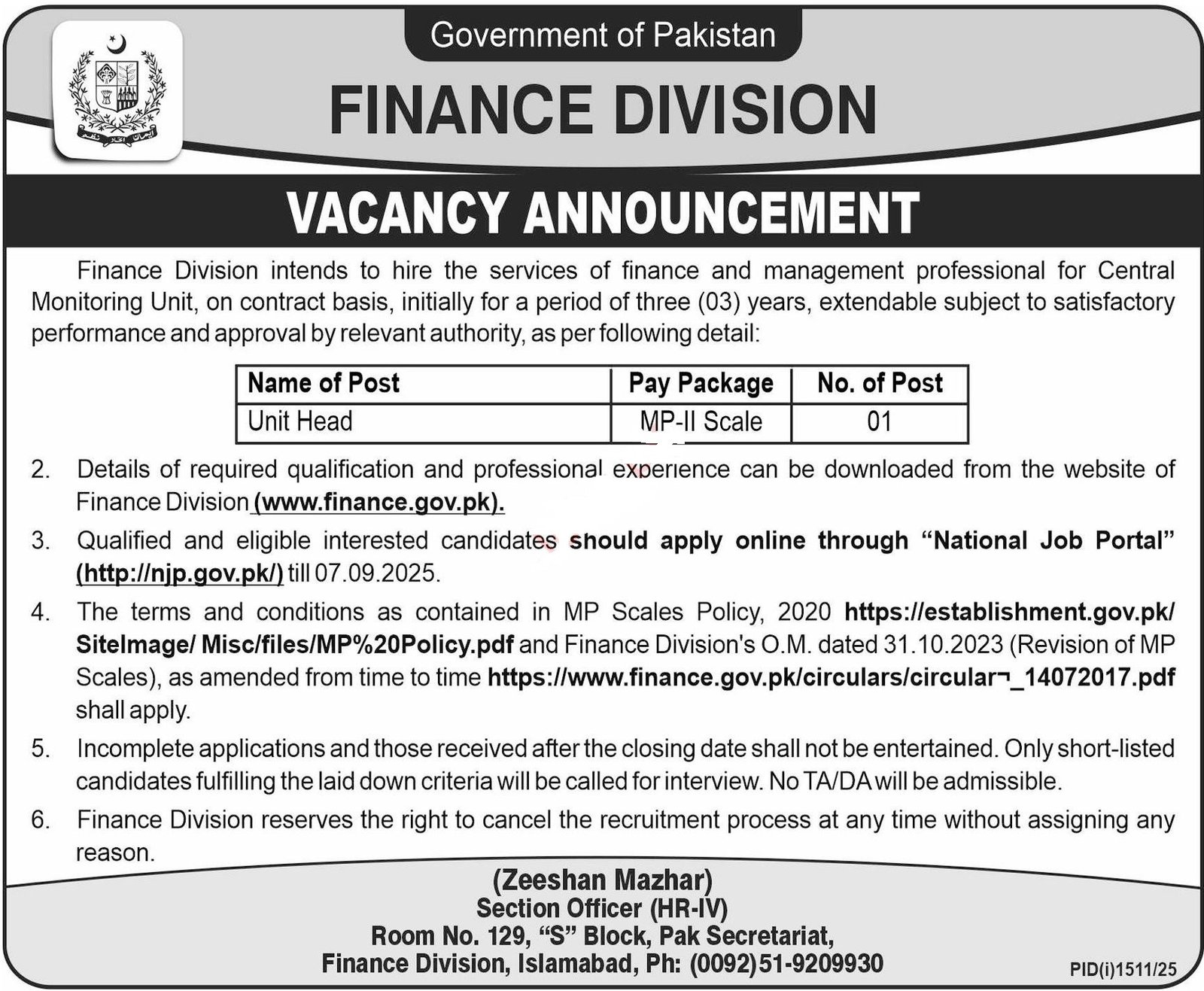 Finance Division Islamabad Jobs 2025 Jobs 2025 — original advertisement