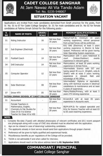 Cadet College Sanghar Sindh Jobs 2025 Jobs 2025 — original advertisement