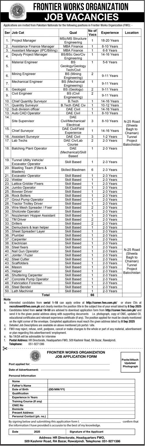 Frontier Works Organization FWO Jobs 2025 Jobs 2025 — original advertisement