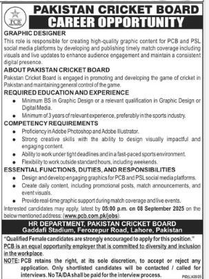 Pakistan Cricket Board PCB Lahore Jobs 2025 – Pakistan Cricket Board (PCB) Jobs 2025 — original advertisement