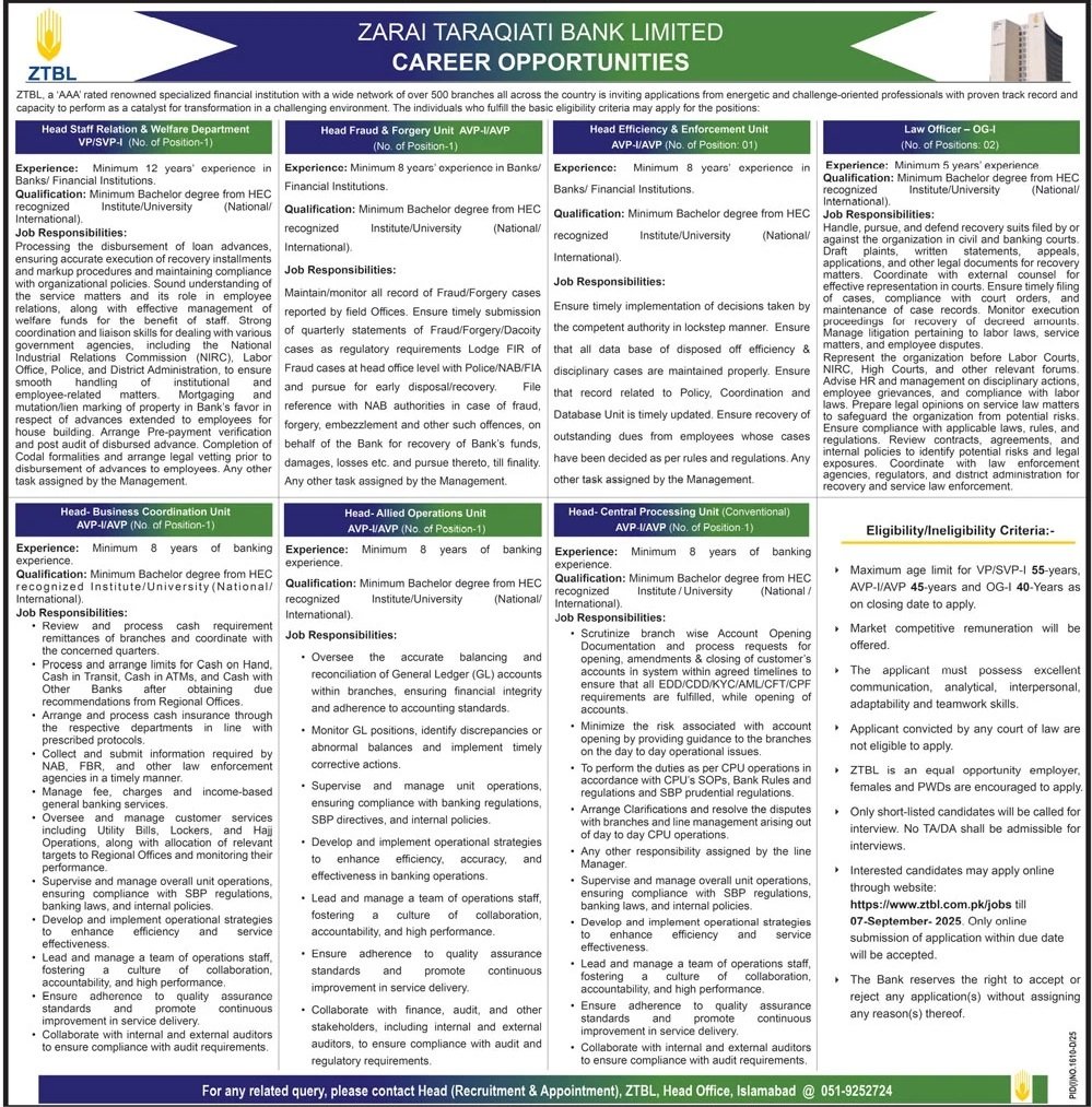 Zarai Taraqiati Bank Limited ZTBL Islamabad Jobs 2025 Jobs 2025 — original advertisement