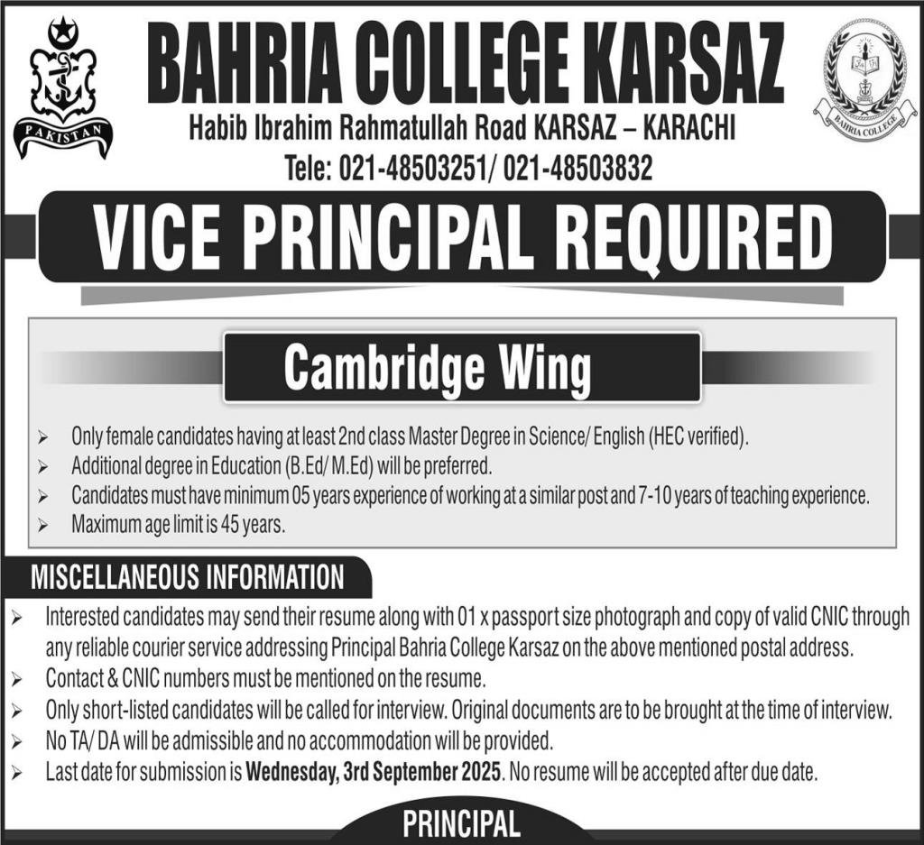 Bahria College Karaz Karachi Jobs 2025 – Bahria college karsaz Jobs 2025 — original advertisement