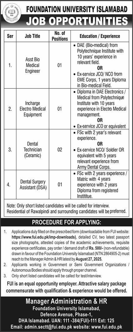 Foundaton University Islamabad Jobs 2025 – Foundation University islamabad Jobs 2025 — original advertisement