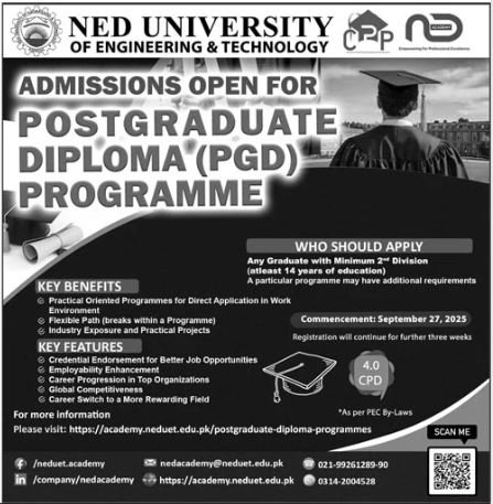 Admission Open in Ned University of Engineering & Technology – NED University of Engineering and Technology Admissions 2025 — original advertisement