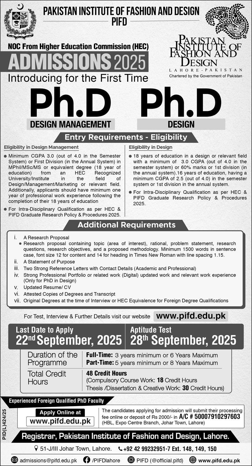 Admission Open in Pakistan Institute of Fashion Desifgn 2025 – Pakistan Institute of Fashion and Design PIFD Lahore Admissions 2025 — original advertisement