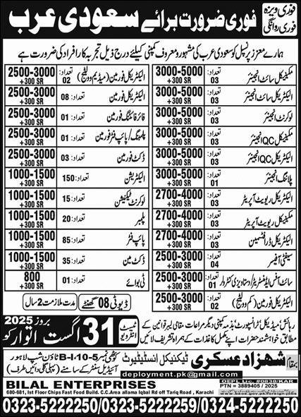 Ducket Man And Tea Boy Jobs in Saudia Arabia 2025 – Shahzad Askari Technical Institute Jobs 2025 — original advertisement