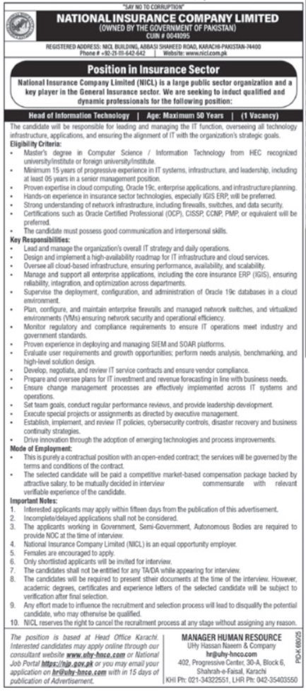National Insurance Company Limited NICL Karachi Job 2025 Jobs 2025 — original advertisement
