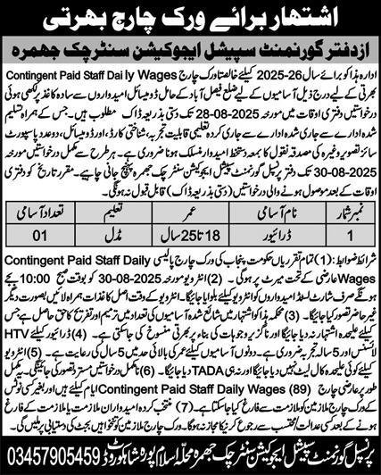 Special Education Center Chak Jhumra Jobs 2025 – Special Education Department Punjab Jobs 2025 — original advertisement